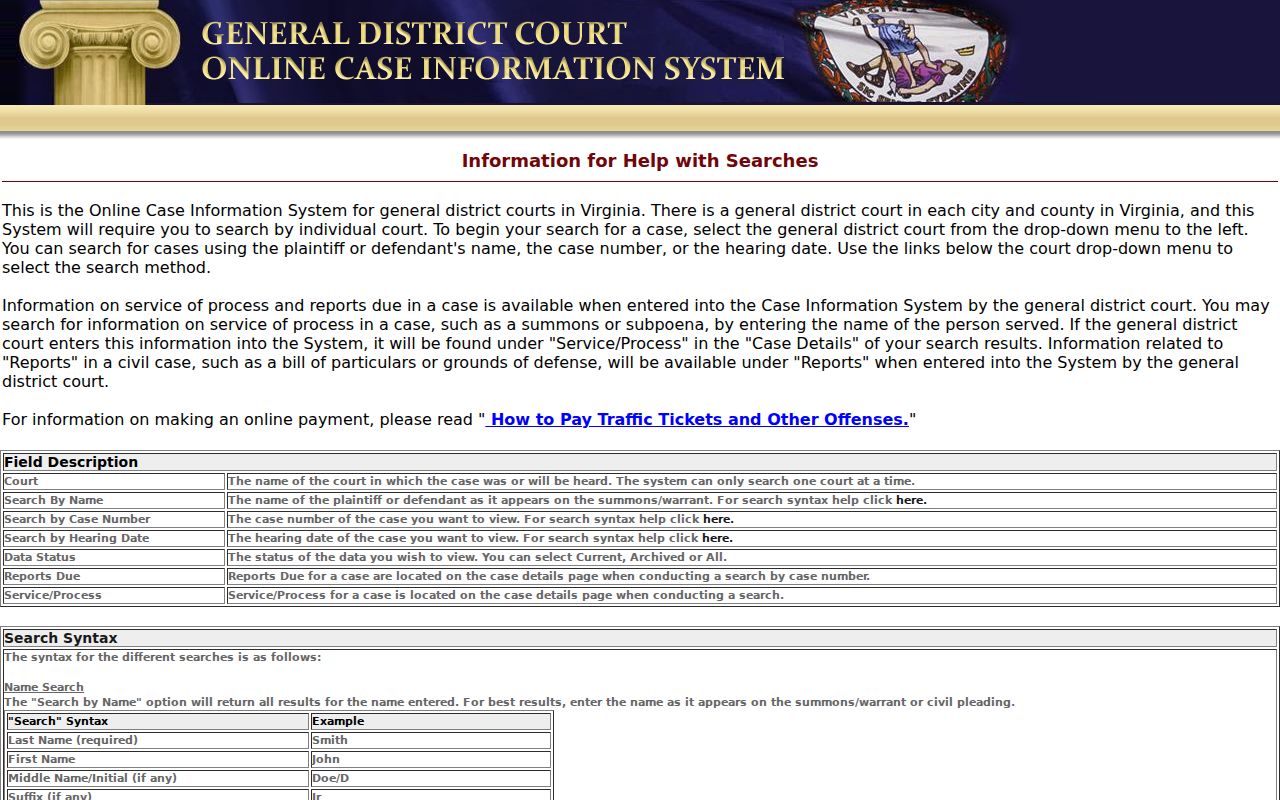 Rose Hill resident lookup view of Virginia General District Court case search